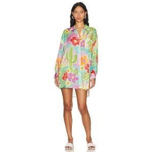 Spell Margi Hour Floral Print Button Down Long Sleeve Shirt Dress‎ Colorful L